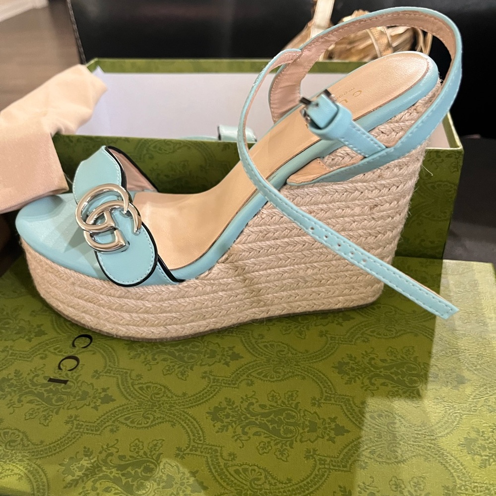 Gucci Light Blue Wedge Sandals